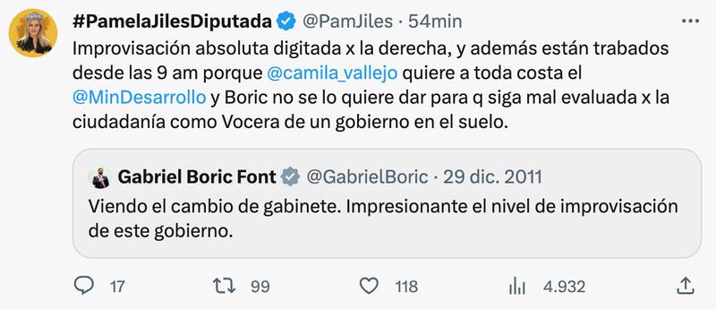 Se tomó de un posteo de Gabriel Boric del 2011 para deslizar críticas.