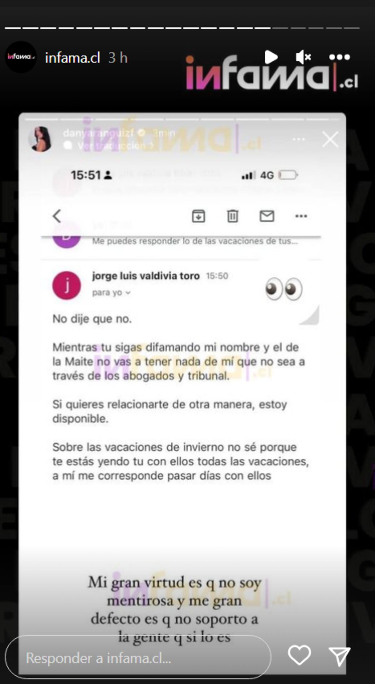 A través de sus redes sociales, Daniela Aránguiz compartió pantallazos de conversaciones con Jorge Valdivia, su ex pareja, y Maite Orsini, entregando más detalles de su versión de los hechos sobre la manutención los hijos que tienen en común.