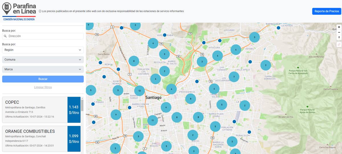 La página web permite revisar el último precio del combustible en lugares cerca de ti.