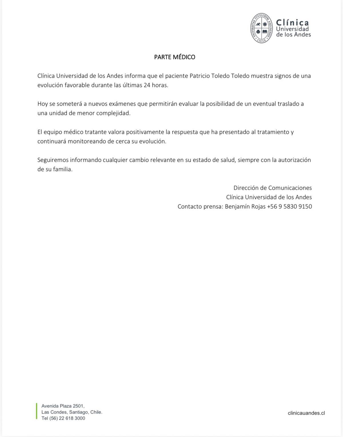 Clínica Universidad de los Andes informó sobre el estado de salud del exgolero.