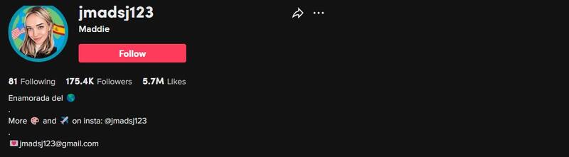Así luce el perfil de Maddie en TikTok. Créditos: @jmadsj123