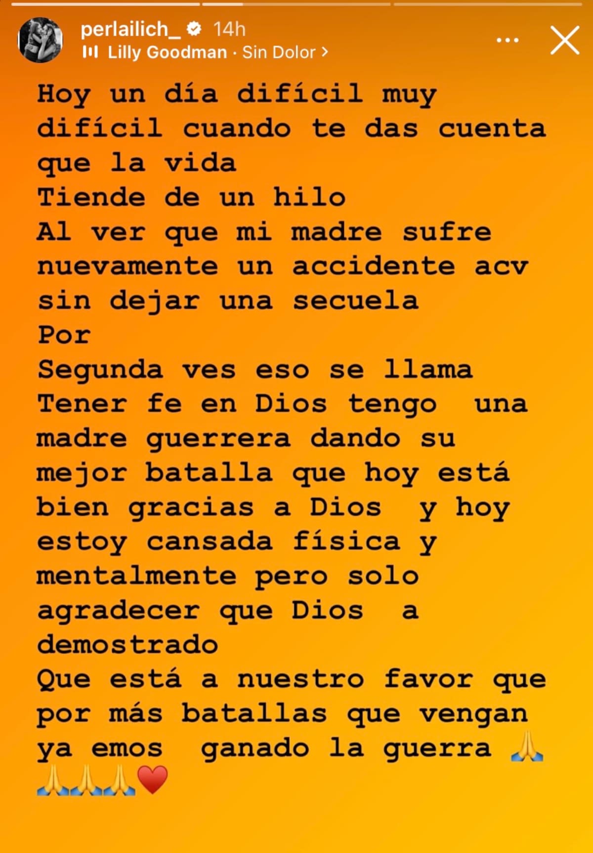 Perla Ilich reveló que su madre sufrió un ACV.