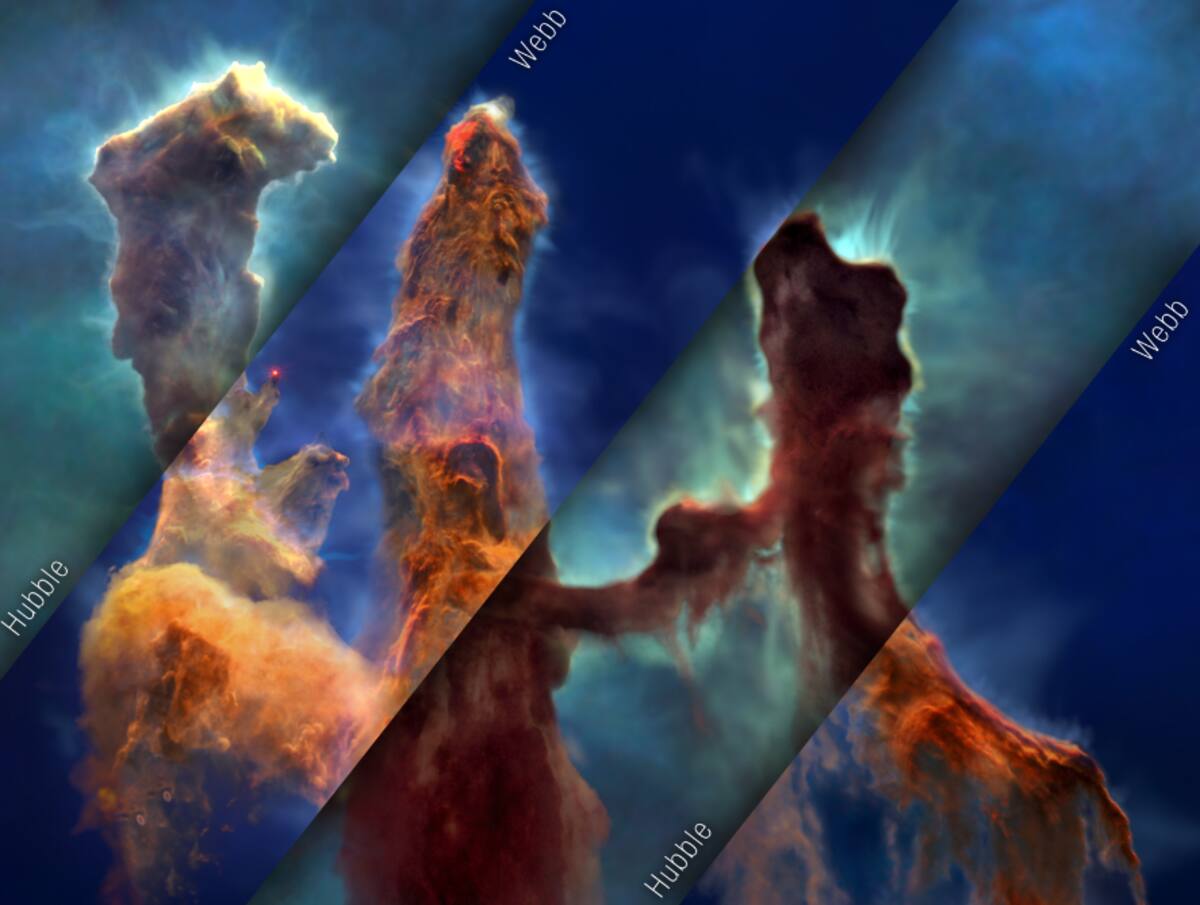 Así se ven los Pilares de la Creación en los telescopios Hubble y Webb respectivamente.