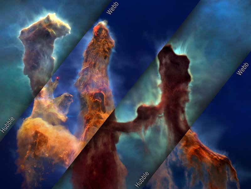 Así se ven los Pilares de la Creación en los telescopios Hubble y Webb respectivamente.