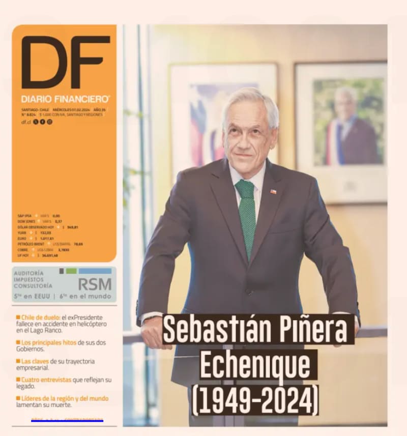 Portada Diario Financiero por muerte de Sebastián Piñera.