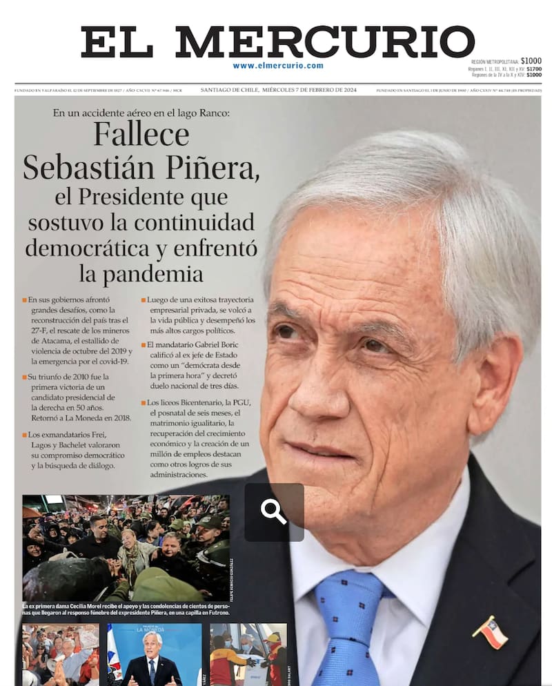 Portada El Mercurio por muerte de Sebastián Piñera.