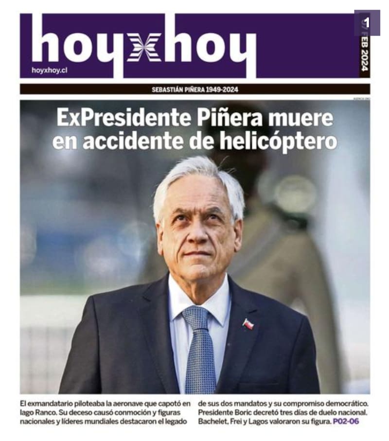 Portada Hoy x Hoy por muerte de Sebastián Piñera.