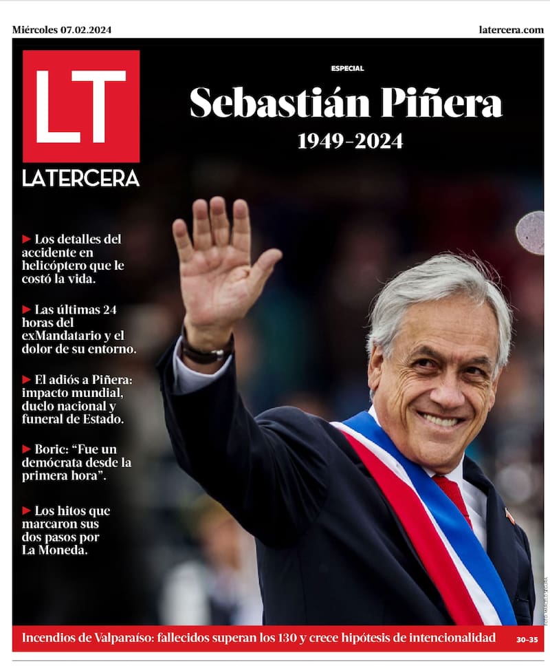 Portada La Tercera por muerte de Sebastián Piñera.