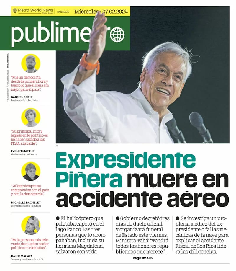 Portada Publimetro por muerte de Sebastián Piñera.