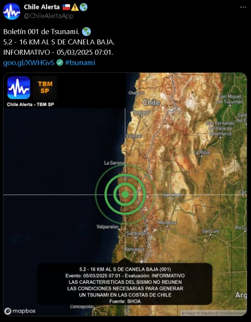 es descartada tras el sismo. Créditos: @chilealertaapp