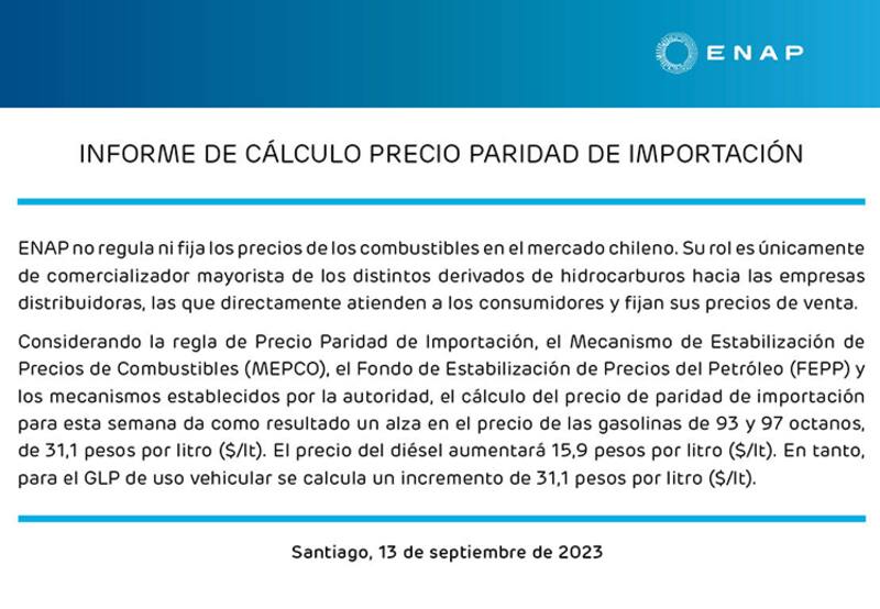 Este es el comunicado oficial entregado hoy por ENAP sobre el nuevo precio de los combustibles.