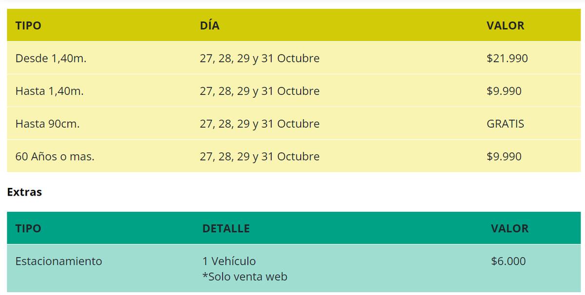 Precios de las Noches del Terror en Fantasilandia.
