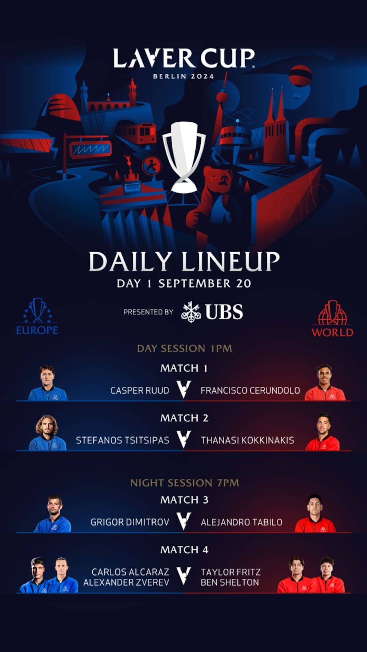 Esta es la programación del primer día de la Laver Cup. En Chile, son cinco horas menos.