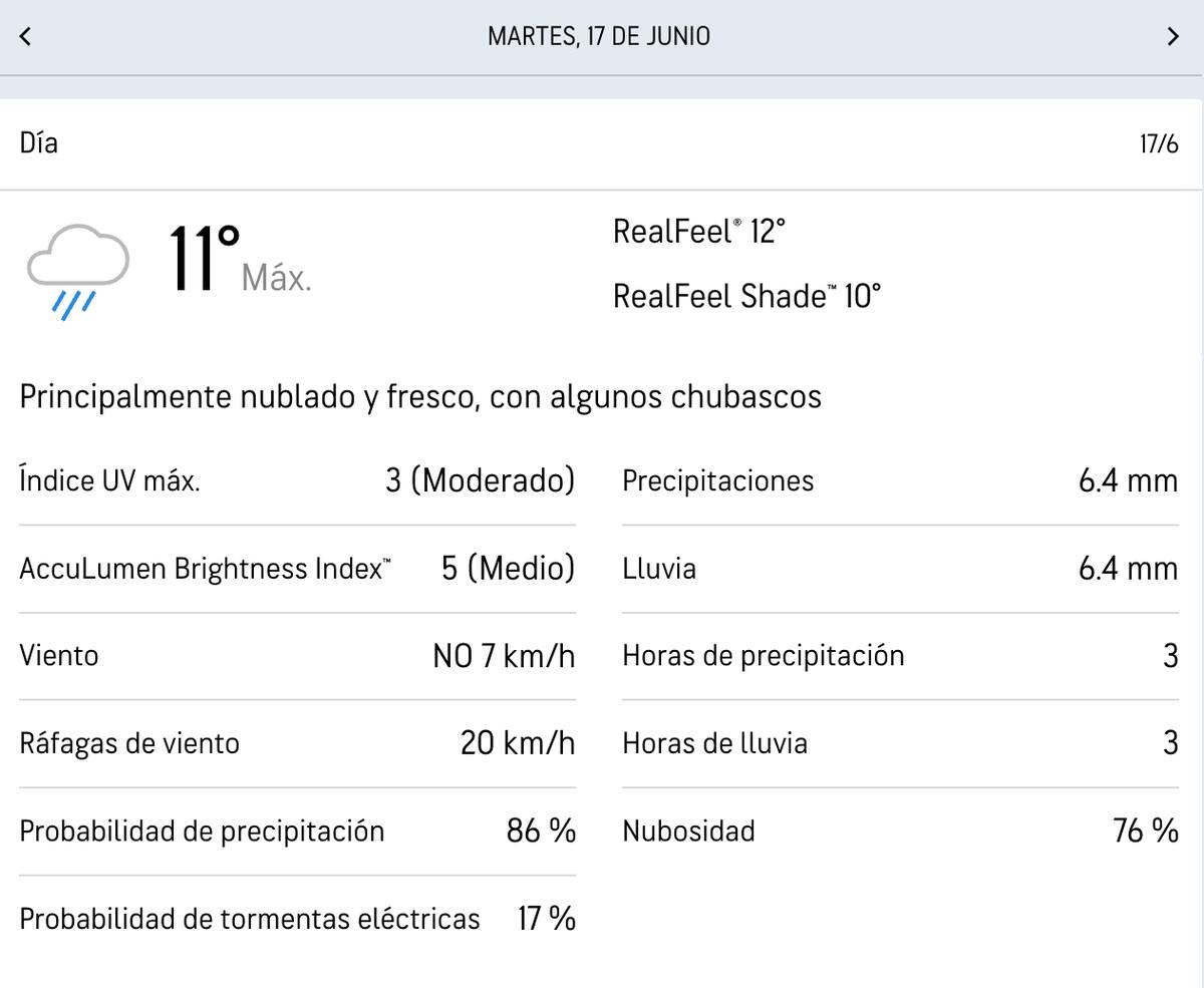 Accuweather da un 86% de posibilidad de lluvia para el próximo martes en la Región Metropolitana.