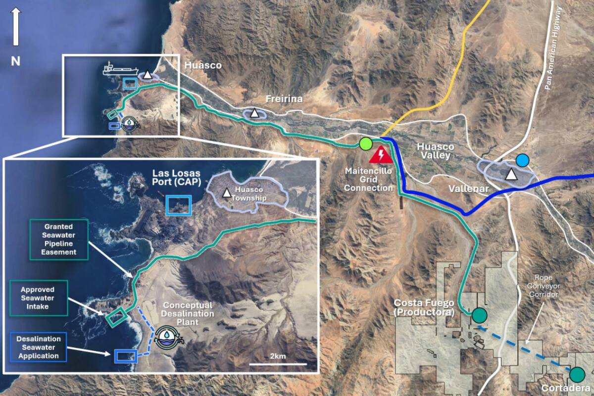 Ubicación de los activos hídricos existentes de Hot Chili en relación con nuevos clientes potenciales en el Valle del Huasco.
