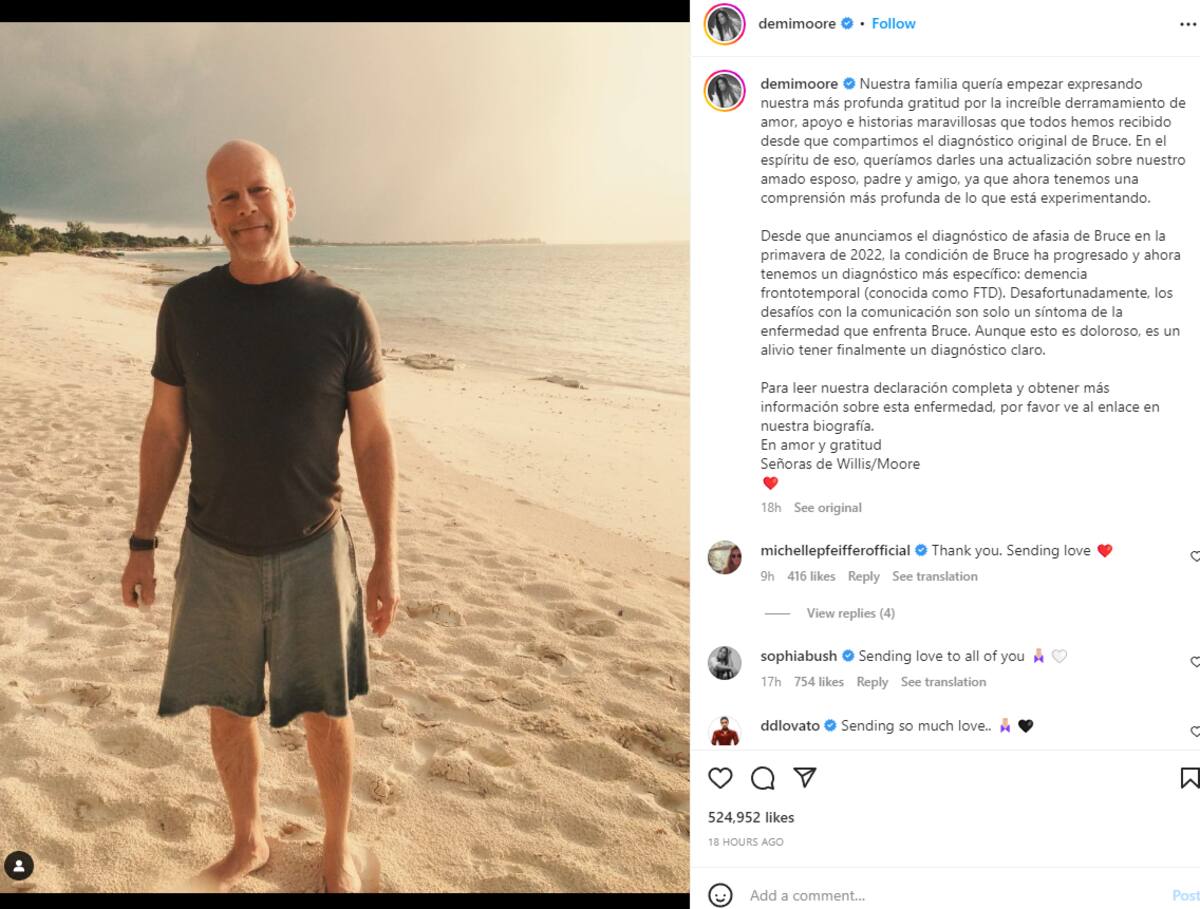 Mediante un comunicado de Instagram la actriz y ex pareja de Bruce Willis actualizo su diagnostico
