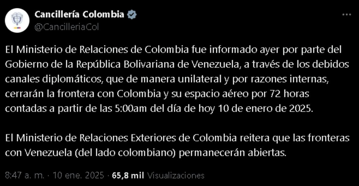 por el cierre de la frontera del lado venezolano. Créditos: @cancilleriacol.