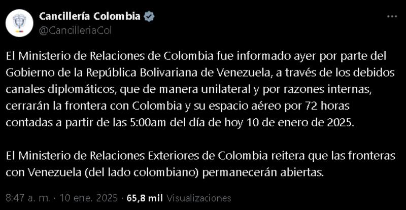 por el cierre de la frontera del lado venezolano. Créditos: @cancilleriacol.