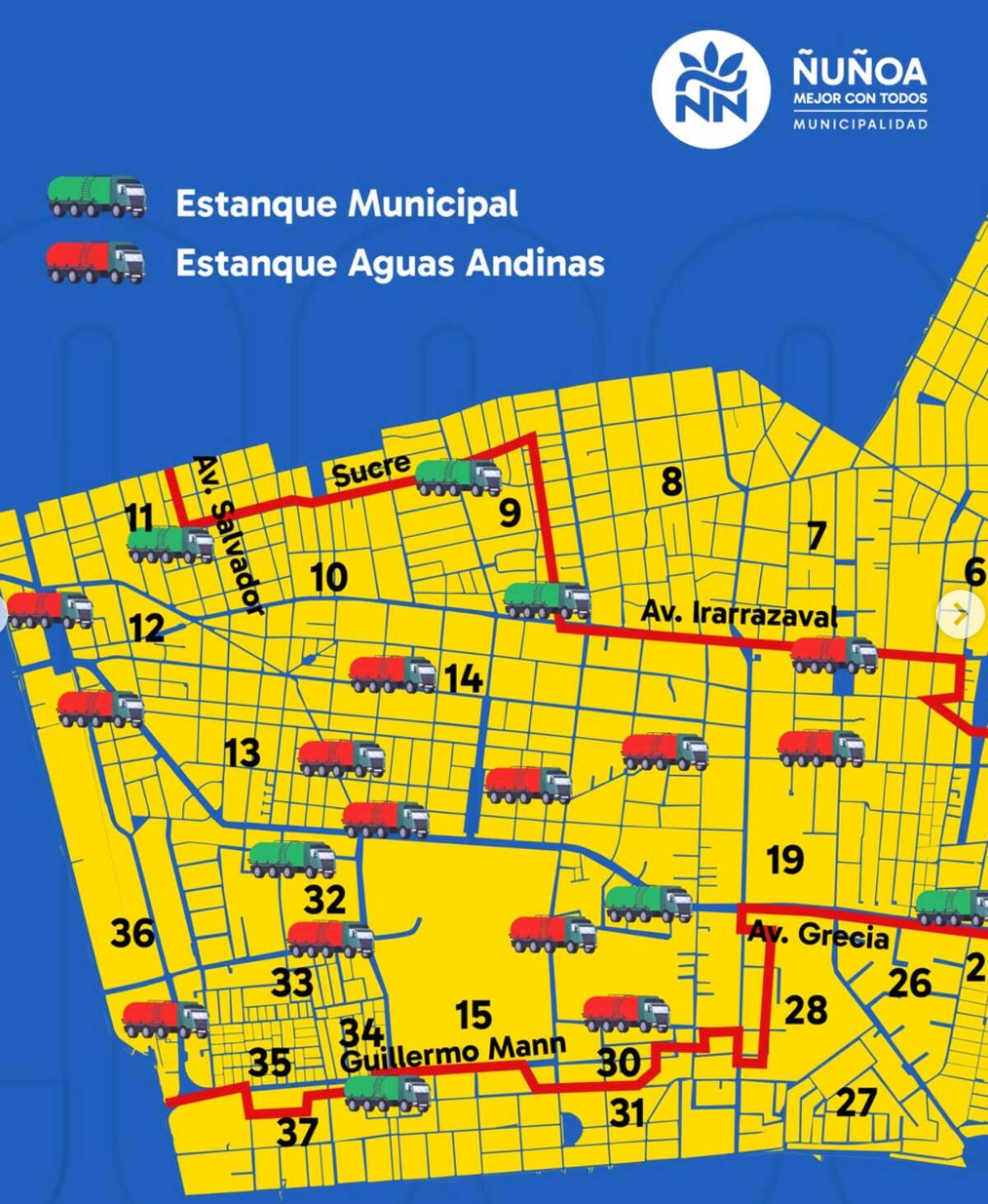 La Municipalidad de Ñuñoa dispondrá de varios puntos en la comuna para enfrentar el corte de agua.