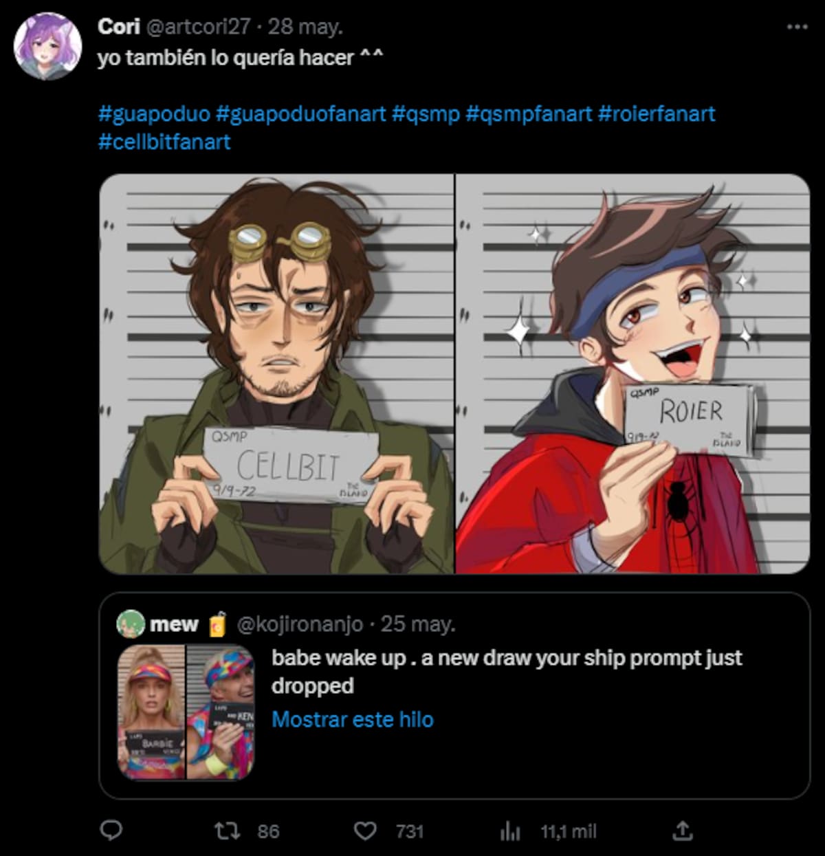 Cellbit y Roier del QSMP con sus respectivas fichas policiales. Créditos: @artcori27.