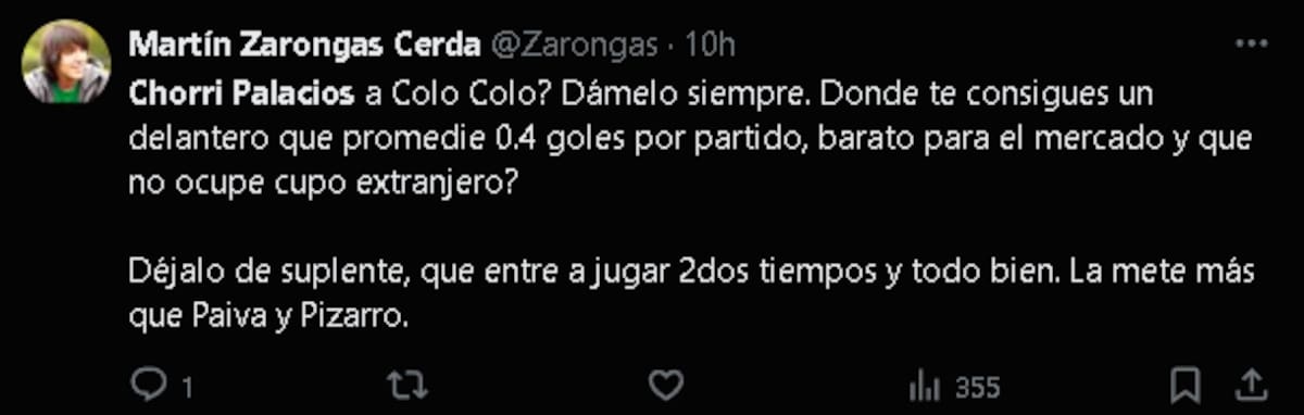 sobre el ofrecimiento del Chorri Palacios a Colo Colo