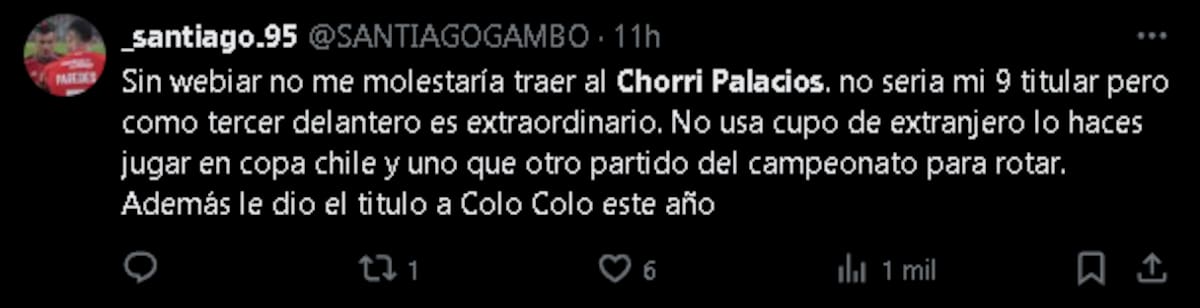 sobre el ofrecimiento del Chorri Palacios a Colo Colo