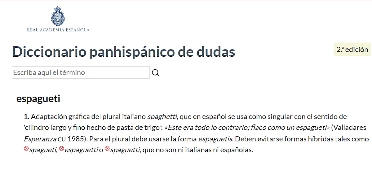 La RAE confirma que la palabra "spaguetti" no corresponde al lenguaje español ni italiano, por lo que su uso es totalmente inadecuado. Foto: RAE.