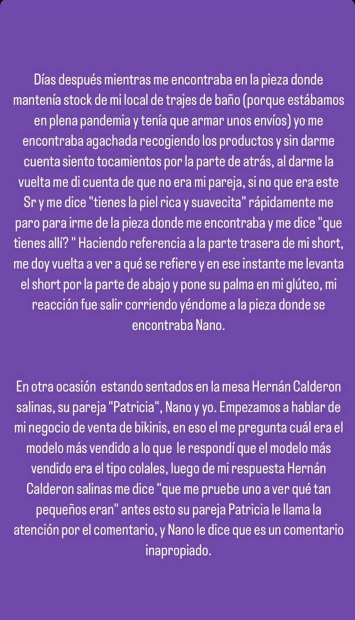 Parte del testimonio de la pareja de Nano Calderón.