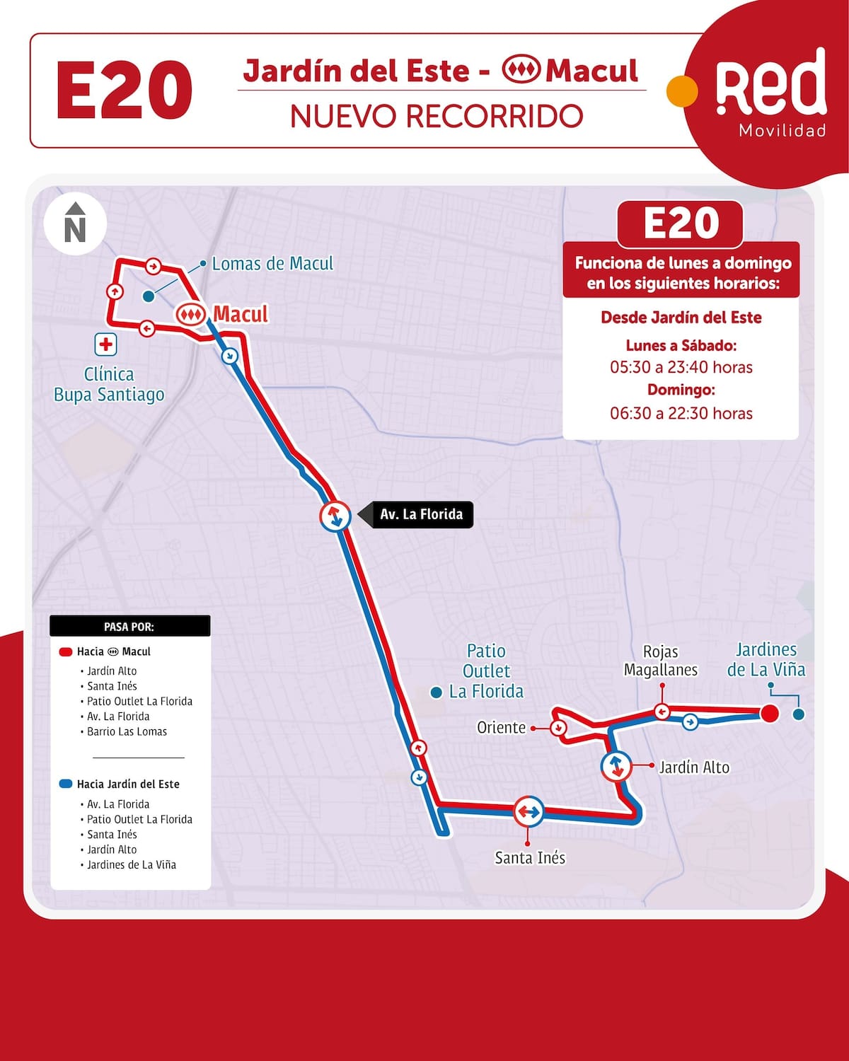 El recorrido E20 conectará a distintos sectores de La Florida con la estación Macul del Metro de Santiago. Foto: Red Movilidad.