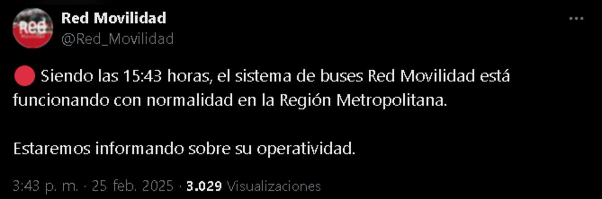publicó en redes sobre el estado del servicio en la RM.