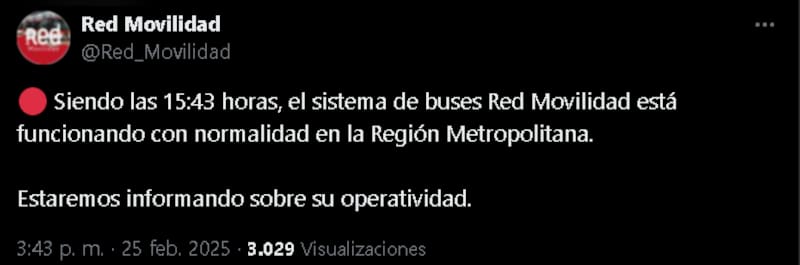 publicó en redes sobre el estado del servicio en la RM.