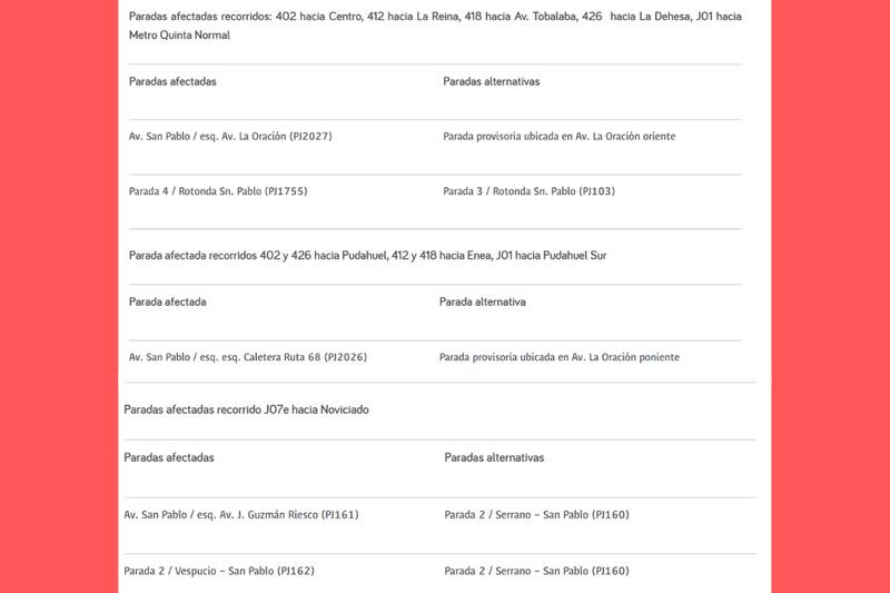 Paradas alternativas de recorridos afectados en Pudahuel.