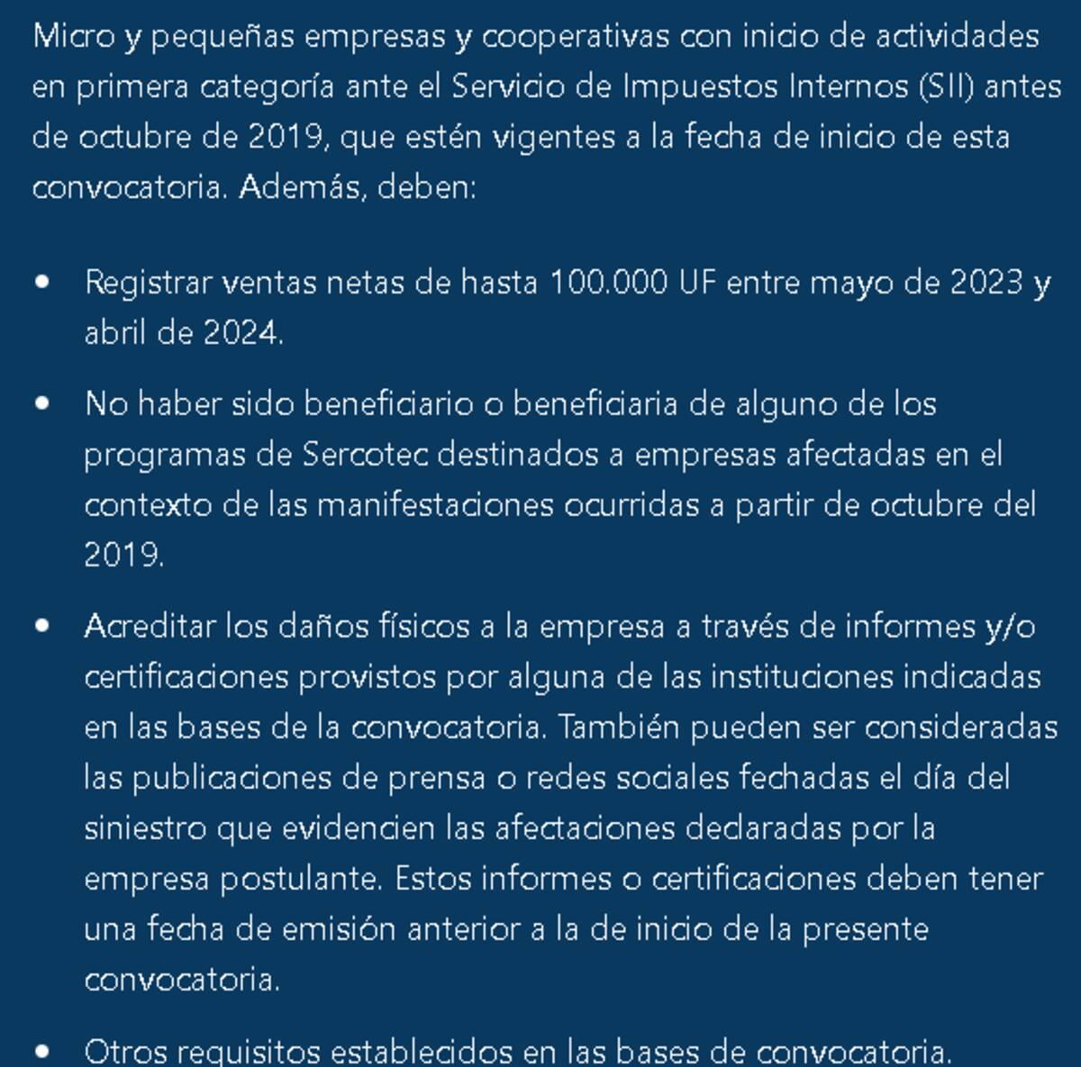 Requisitos para postular a Reconstruye tu Pyme, de Sercotec.