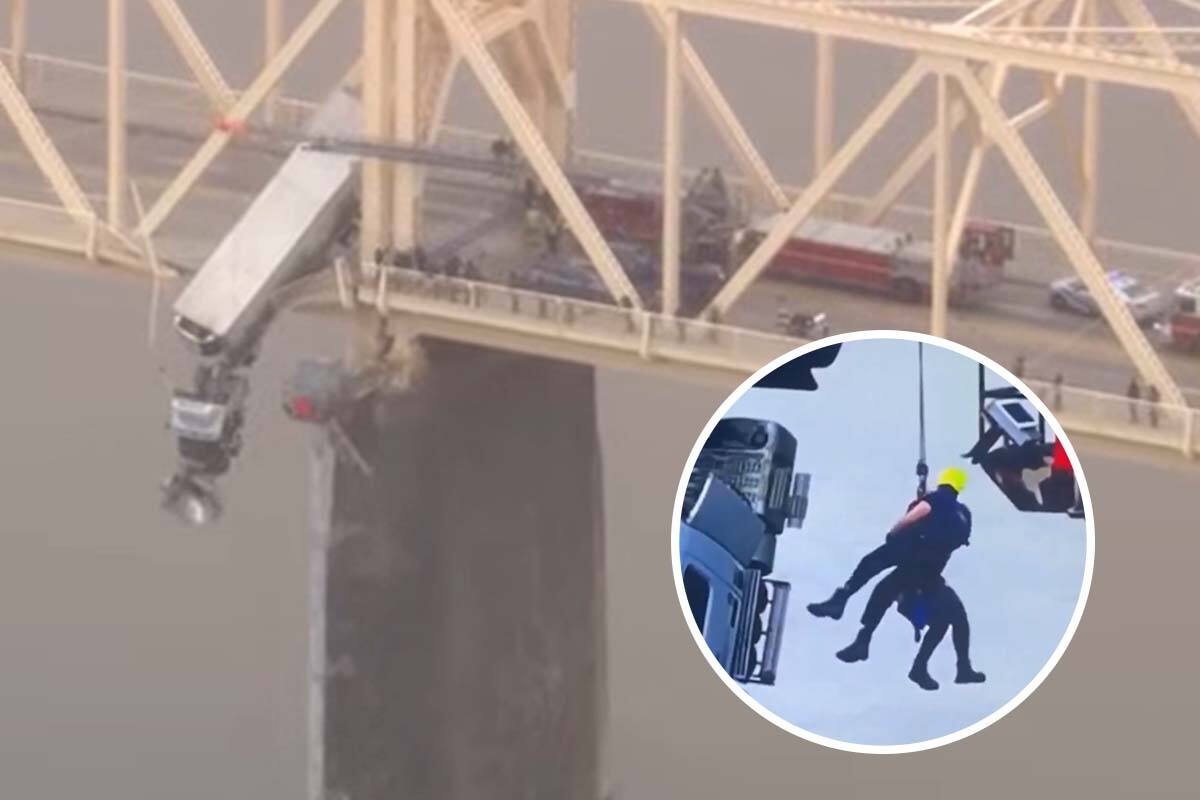 La impactante maniobra se ejecutó mientras el camión se encontraba colgando desde un puente sobre el río Ohio