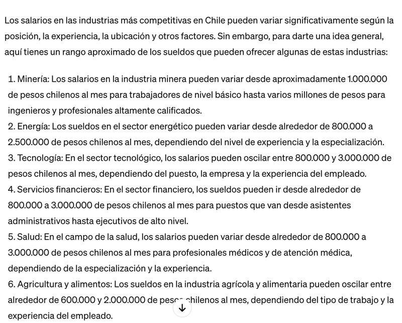 Esta es la respuesta de Chat GPT a la pregunta sobre cuáles son los sectores donde más sueldo se pagan en Chile. (Foto: Chat GPT)