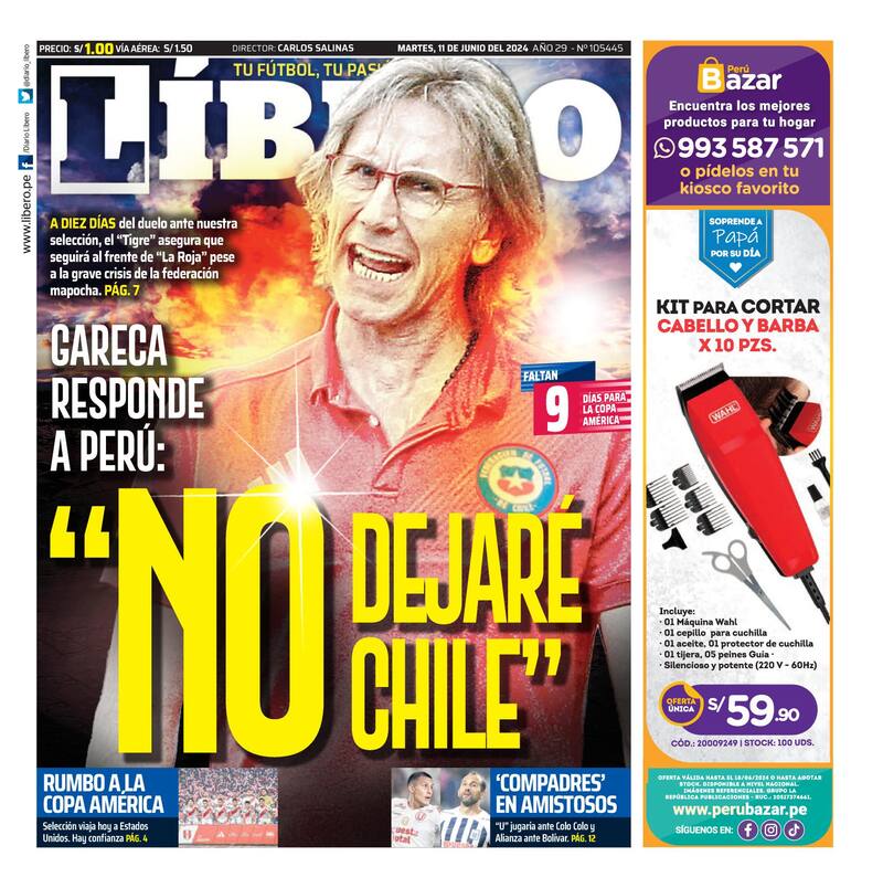 La portada de diario Líbero de Perú con las declaraciones de Ricardo Gareca.