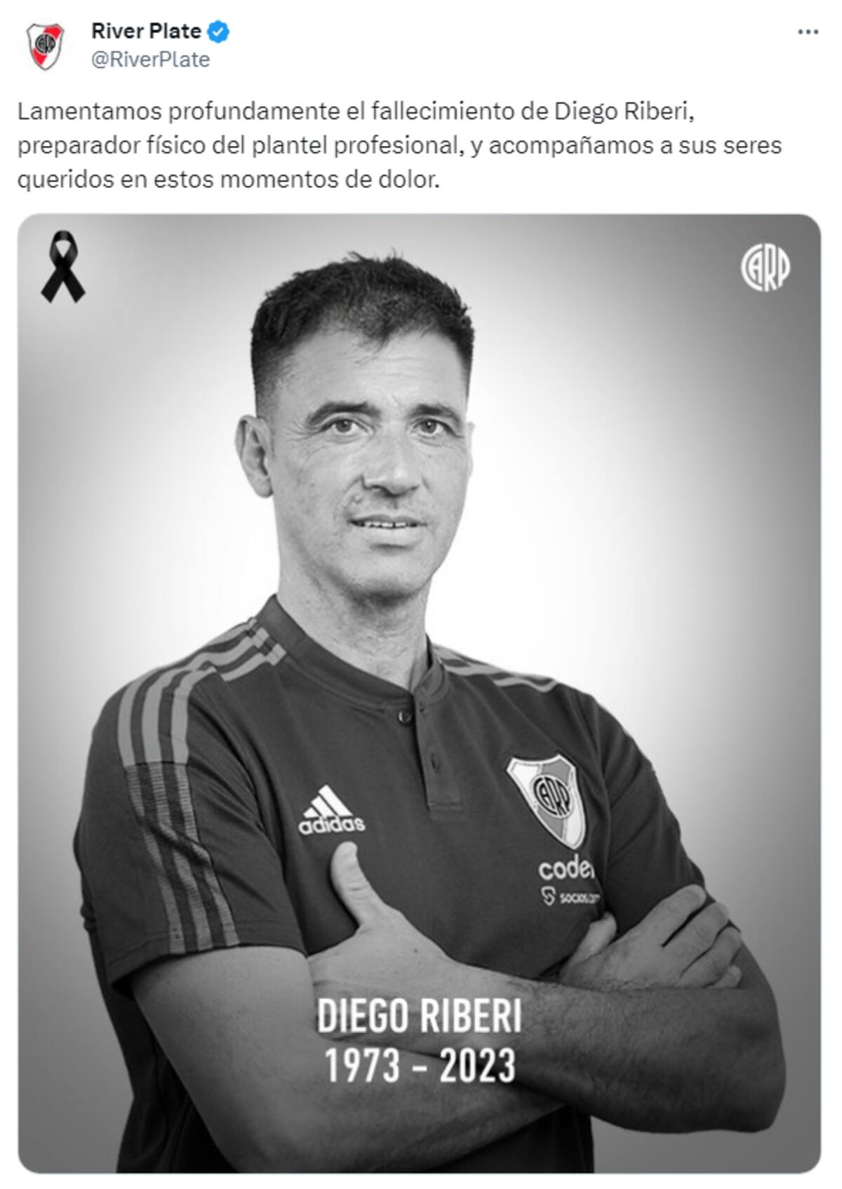El club argentino anuncio el fallecimiento de Diego Riberi.