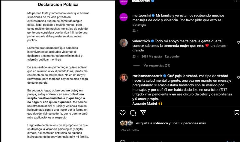 Y su comentario sobre Daniela Aránguiz / Instagram