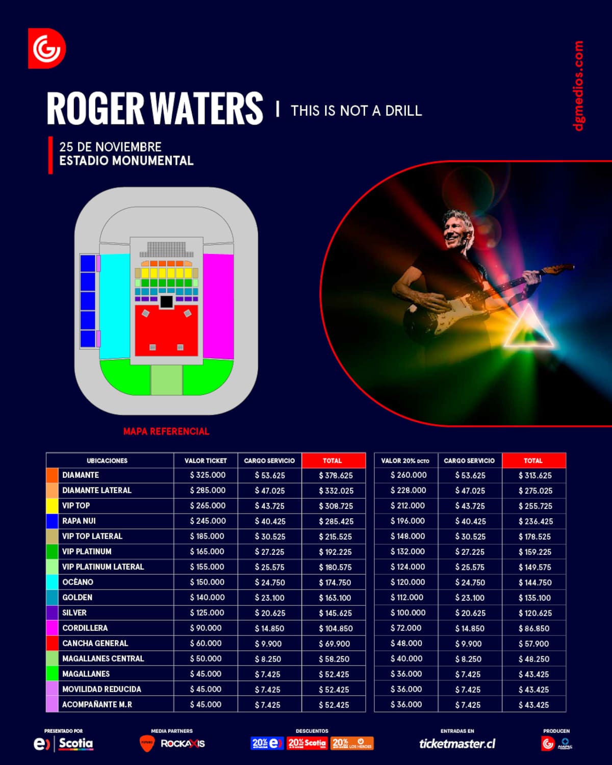 Precios de entradas para Roger Waters en Chile 2023.