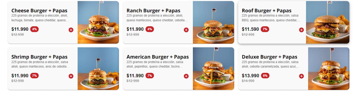 Este local de hamburguesas ofrece variedad en proteínas, además de acompañamientos. Foto: Sitio Roof Burger.