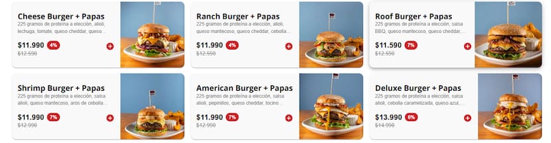 Este local de hamburguesas ofrece variedad en proteínas, además de acompañamientos. Foto: Sitio Roof Burger.