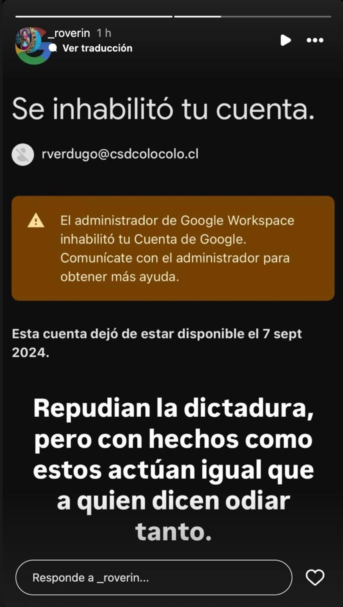 La foto que subió Roxana Verdugo, tesorera del CSD Colo Colo, a sus historias de Instagram.