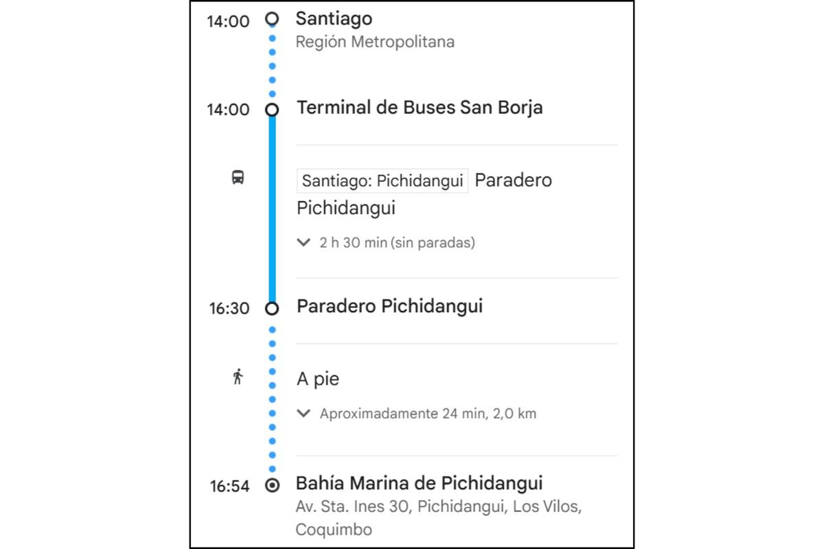 Se debe tomar un bus en el Terminal San Borja con dirección a Pichidangui.
Créditos: Google Maps.
