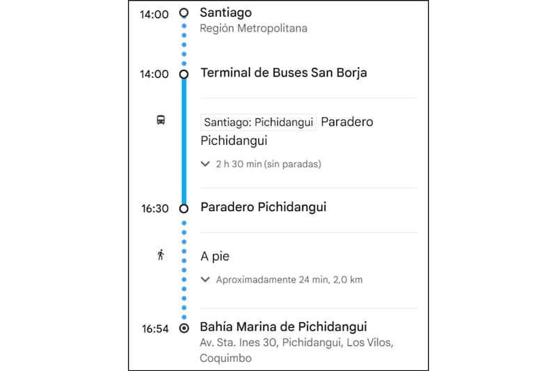 Se debe tomar un bus en el Terminal San Borja con dirección a Pichidangui.
Créditos: Google Maps.