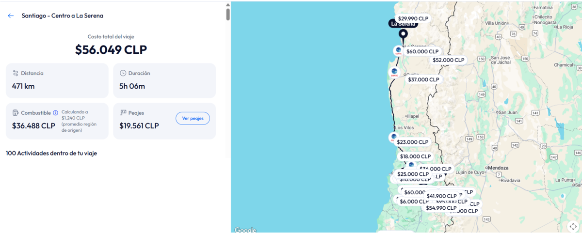 De acuerdo al planificador de viajes de Chiletur, este es el costo aproximado de viajar en auto entre la Región Metropolitana y la región de Coquimbo.