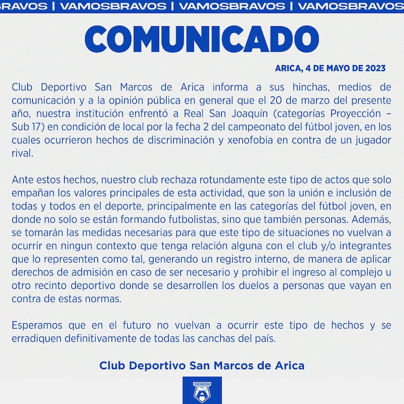 San Marcos de Arica emitió un comunicado por caso de xenofobia en el fútbol chileno