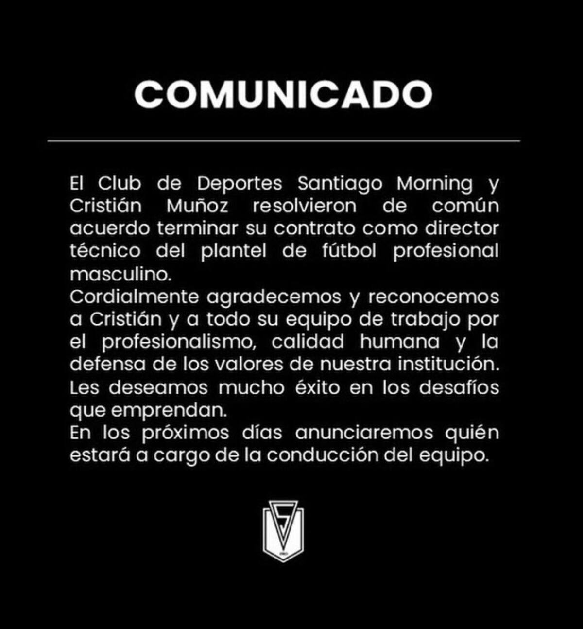 Comunicado de prensa de Santiago Morning sobre la salida del entrenador Cristián Muñoz.