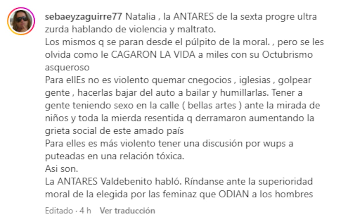 Esta es la publicación de Sebastián Eyzaguirre en donde se descarga en contra de Ntalia Valdebenito y sus seguidores