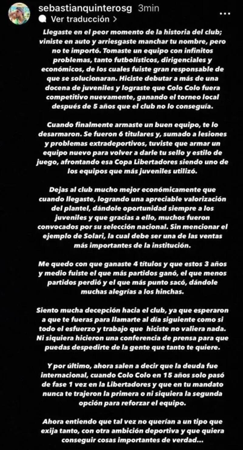 Sebastián Quinteros lanzó un fuerte mensaje en Instagram.