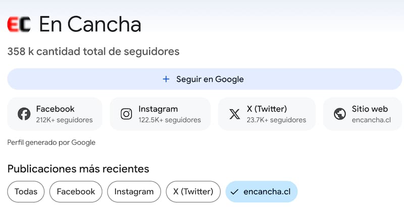 Solo pinchando el botón podrás priorizar los contenidos del sitio en tu feed de Discover. (Foto: Perfil de En Cancha en Google)